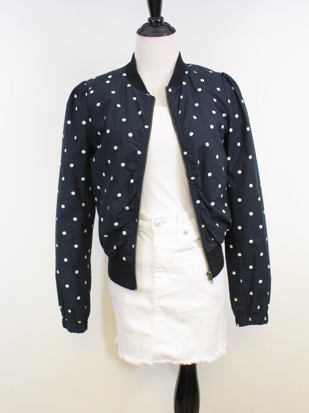 H&M Divided Polka Dot Cropped Bomber Jacket Black White XS S Fitted Parisian Chi